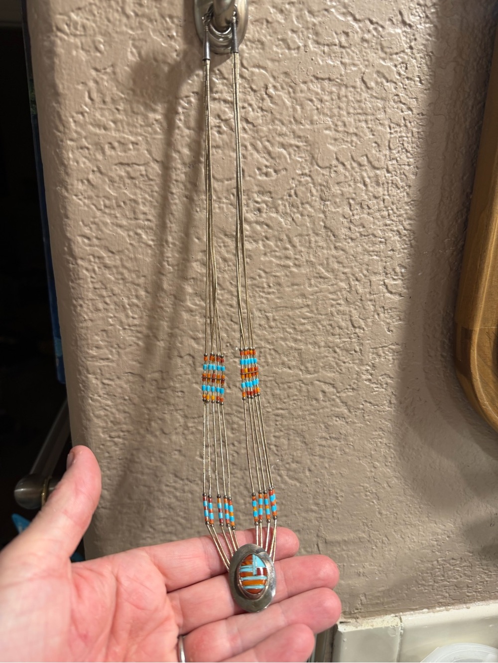 Handcrafted Inlay Pendant Necklace with Turquoise and Orange Accents - Picture 4 of 6